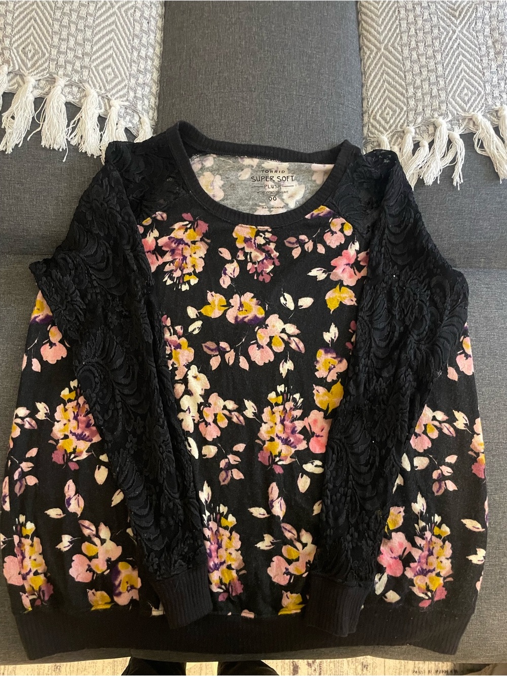 torrid Black Floral Lace-Sleeve Sweatshirt with Pink & Yellow Blooms